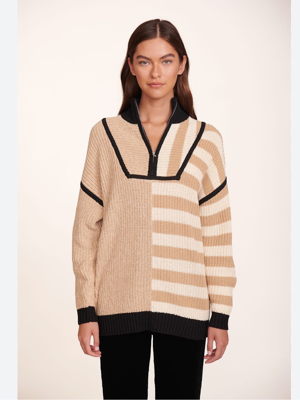 NWOT STAUD Hampton Knit Quarter Zip Oversized Sweater in Sahara Stripe Tan - S